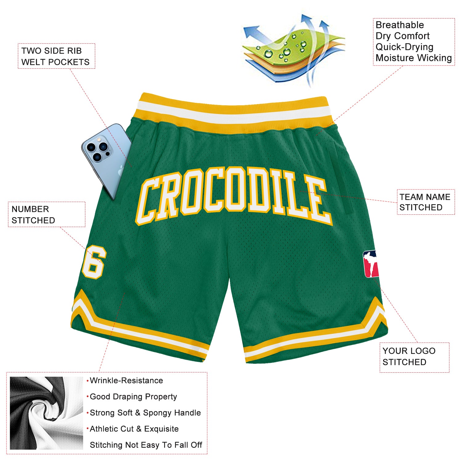 Custom Kelly Green White-Gold Authentic Throwback Basketball Shorts