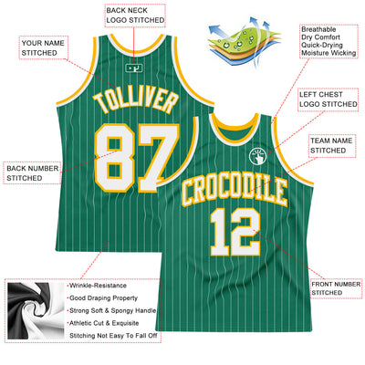 Custom Kelly Green White Pinstripe White-Gold Authentic Basketball Jersey