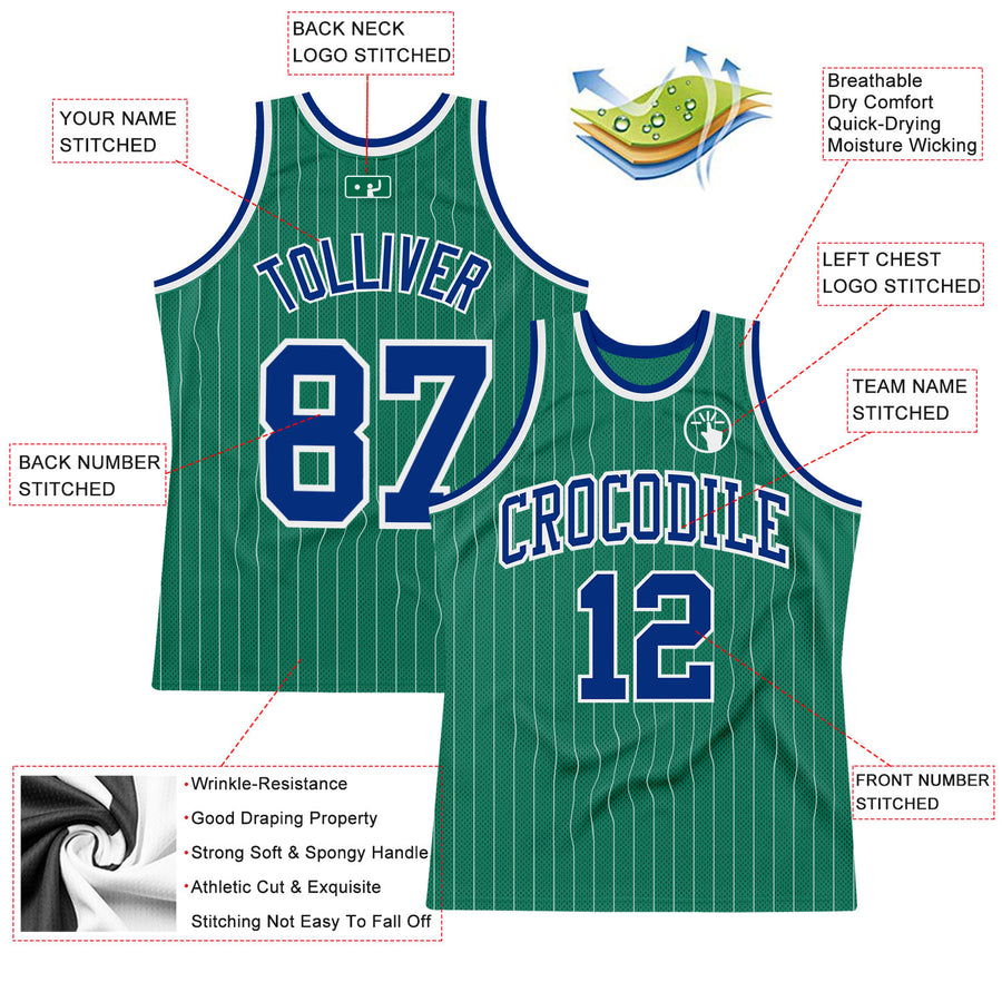 Custom Kelly Green White Pinstripe Royal Authentic Basketball Jersey