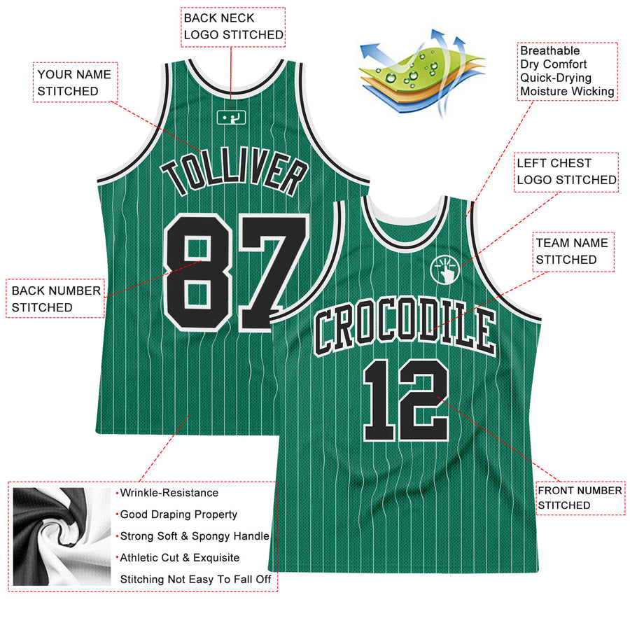 Custom Kelly Green White Pinstripe Black Authentic Basketball Jersey