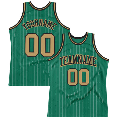 Custom Kelly Green White Pinstripe Old Gold-Black Authentic Basketball Jersey