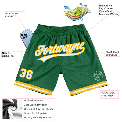 Custom Kelly Green White-Gold Authentic Throwback Basketball Shorts