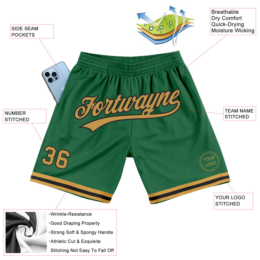 Custom Kelly Green Old Gold-Black Authentic Throwback Basketball Shorts