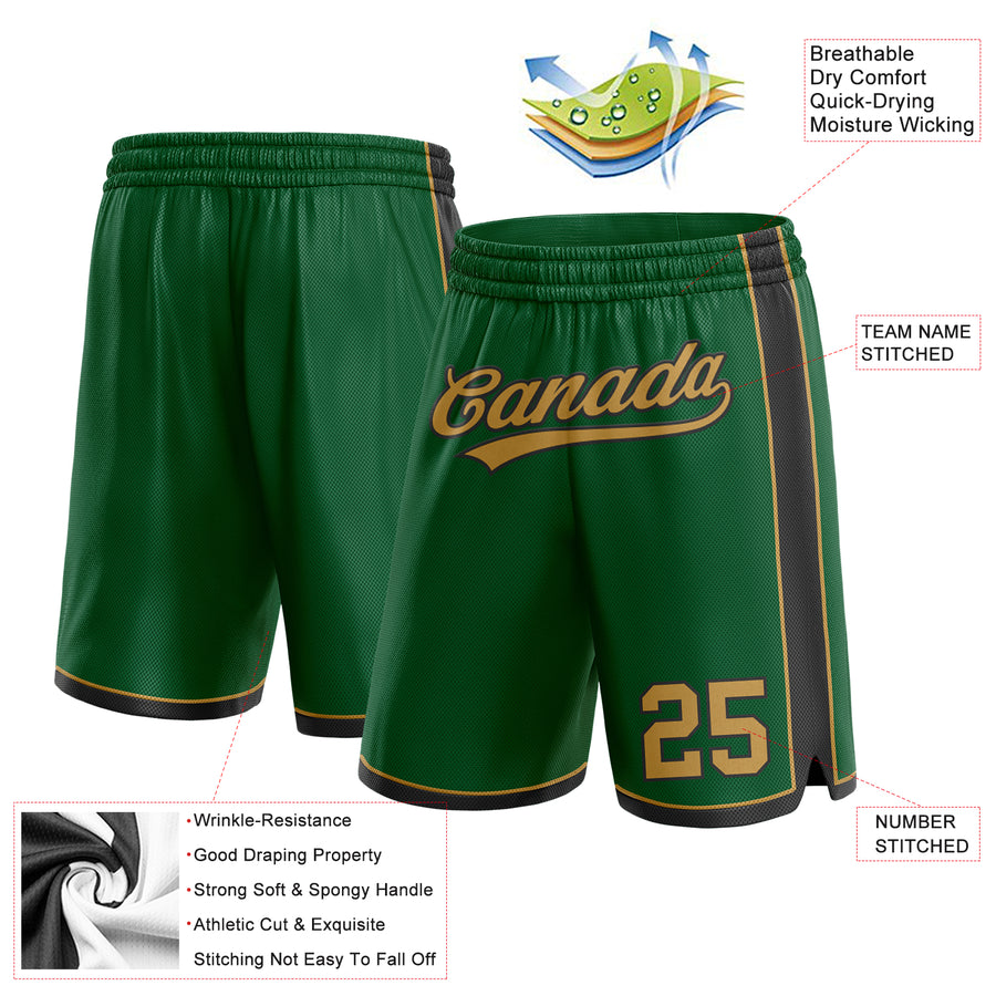 Custom Kelly Green Old Gold-Black Authentic Basketball Shorts