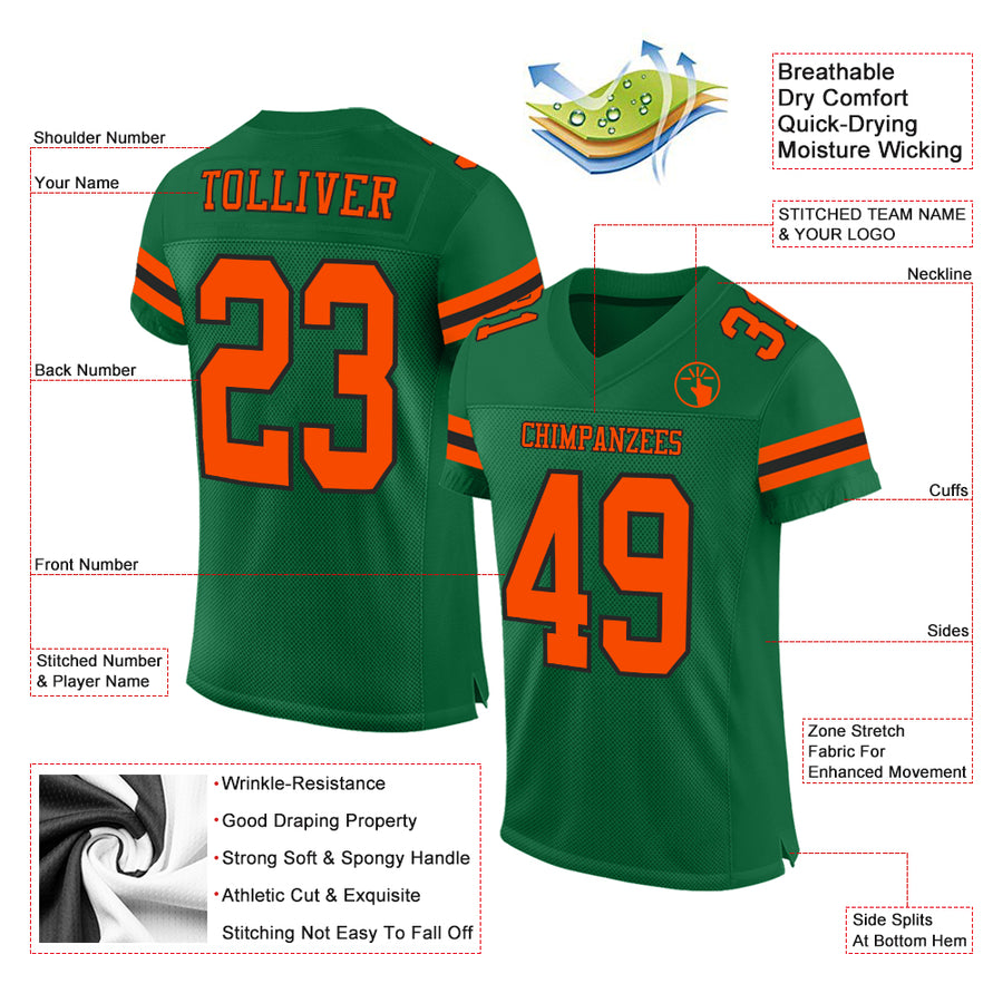 Custom Kelly Green Orange-Black Mesh Authentic Football Jersey