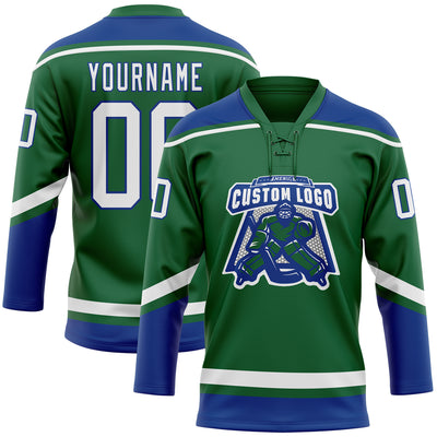 Custom Kelly Green White-Royal Hockey Lace Neck Jersey