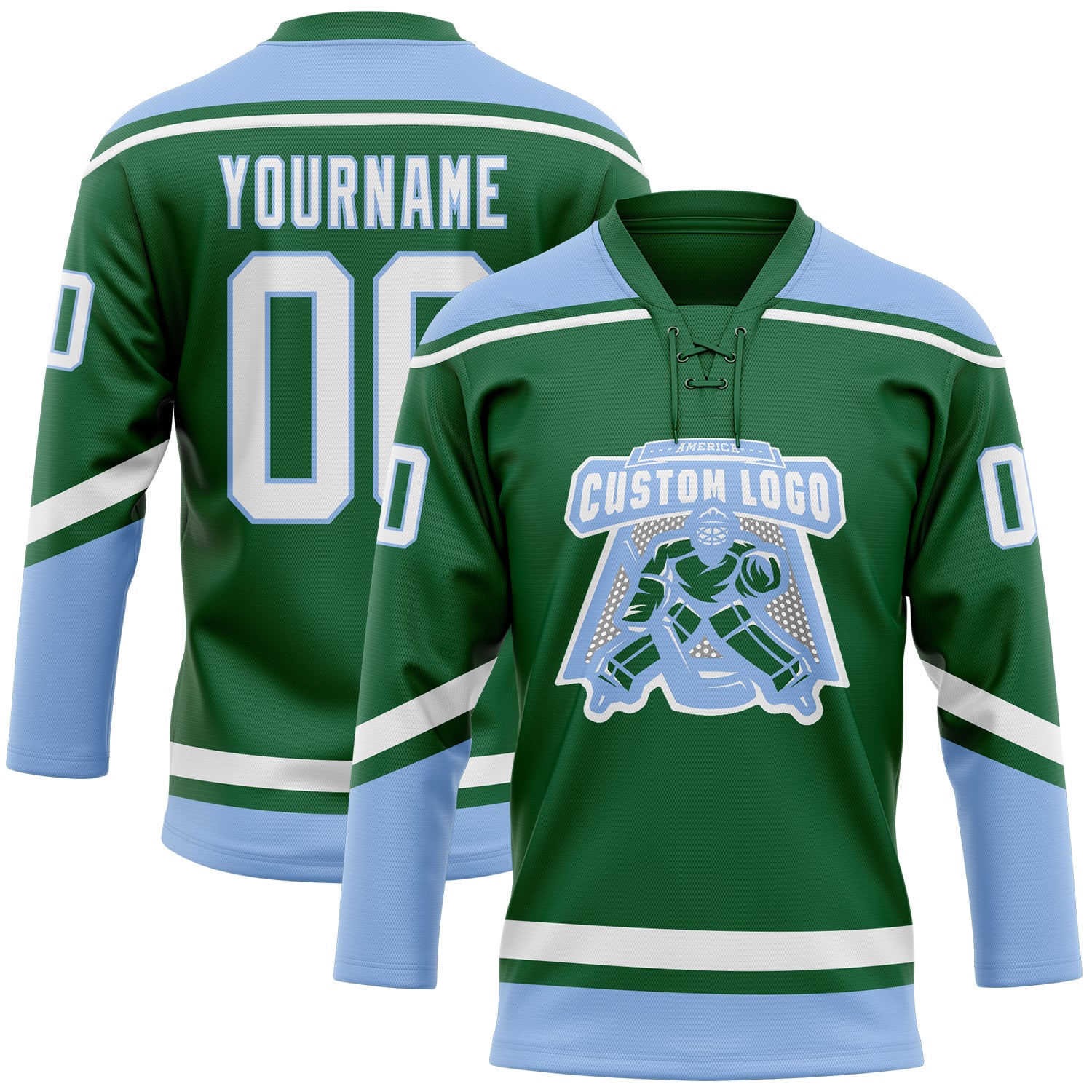 Custom Light Blue Kelly Green-White Hockey Jersey Discount