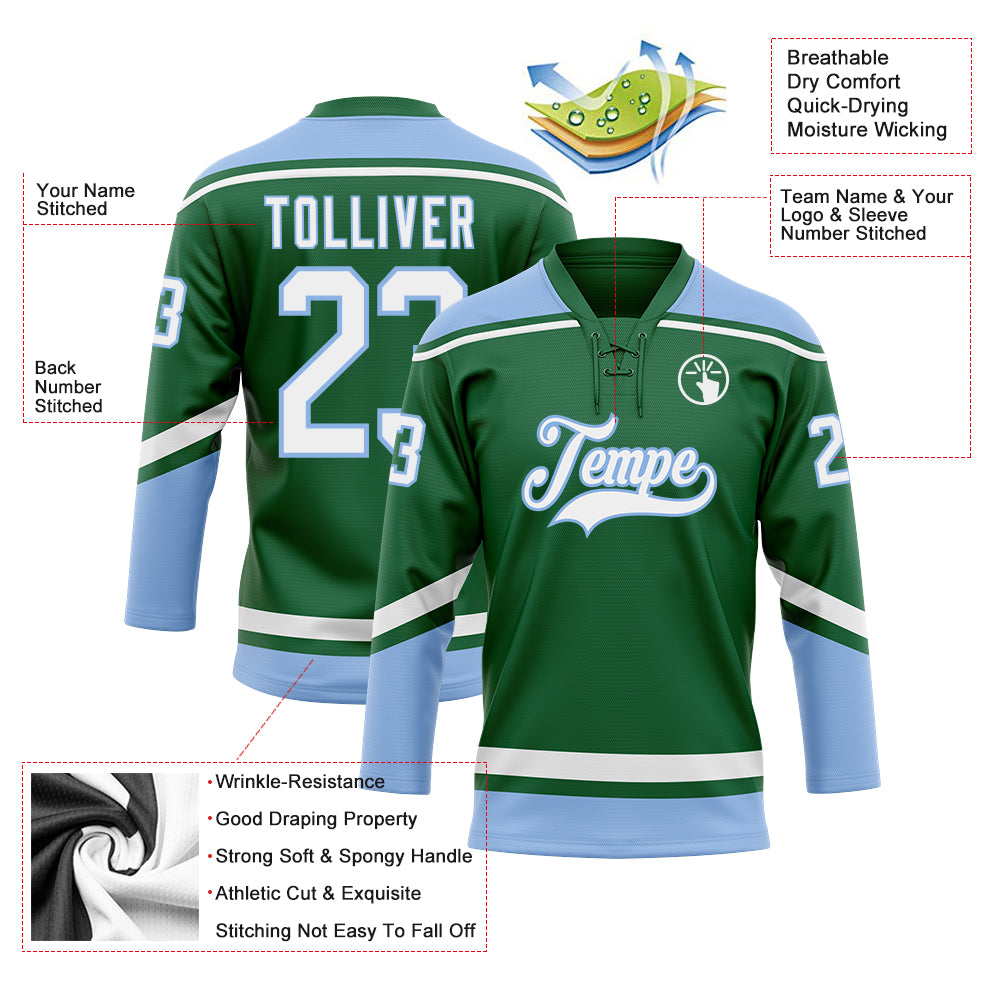 Custom Light Blue Kelly Green-White Hockey Jersey Discount