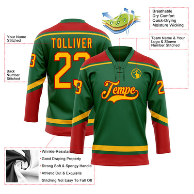 Custom Kelly Green Gold-Red Hockey Lace Neck Jersey