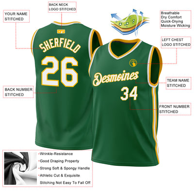 Custom Kelly Green White-Gold Authentic Throwback Basketball Jersey