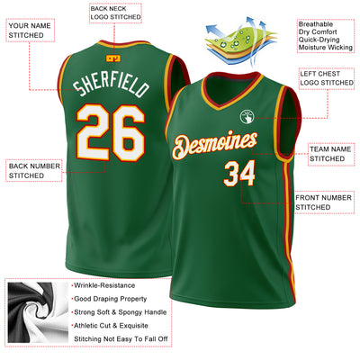 Custom Kelly Green Gold-Red Authentic Throwback Basketball Jersey