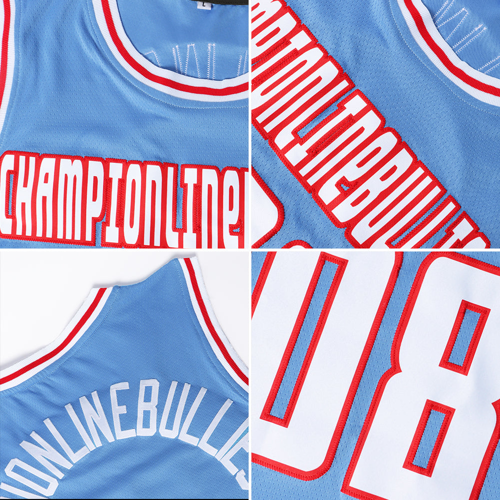 Custom Light Blue Basketball Jersey Red-Navy Round Neck Rib-Knit - FansIdea