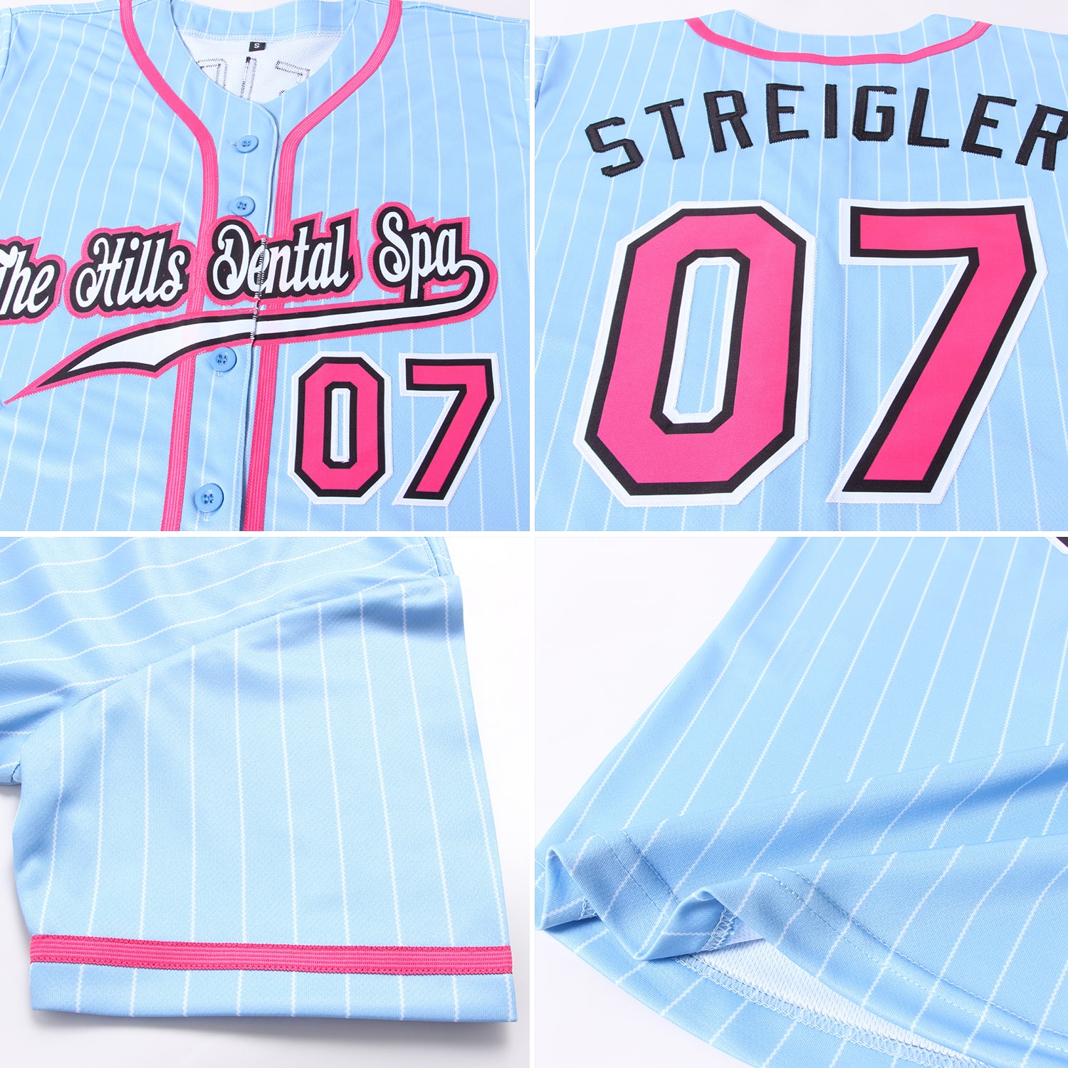 Custom Light Blue White Pinstripe Pink-Black Authentic Baseball Jersey