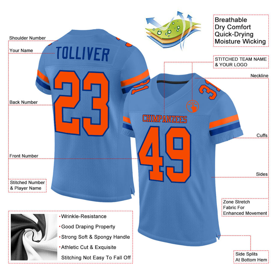 Custom Light Blue Orange-Royal Mesh Authentic Football Jersey