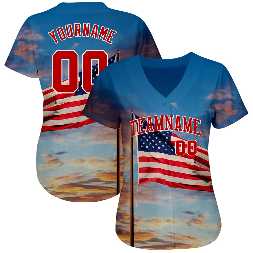 Custom Light Blue Red-White 3D American Flag Fashion Authentic Baseball Jersey