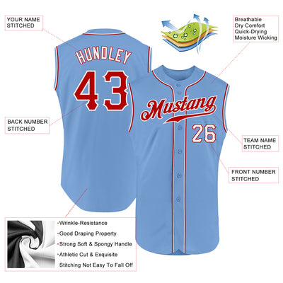 Custom Light Blue Red-White Authentic Sleeveless Baseball Jersey