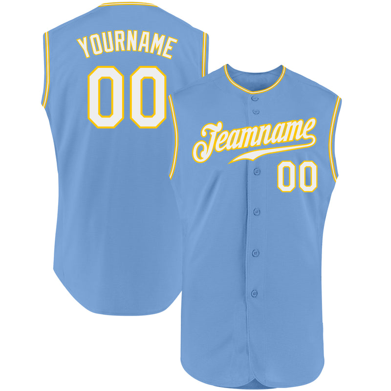 Custom Light Blue Baseball Jersey White-Gold Authentic Sleeveless ...