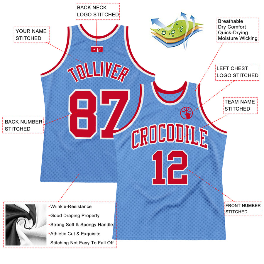 Custom Light Blue Red-White Authentic Throwback Basketball Jersey