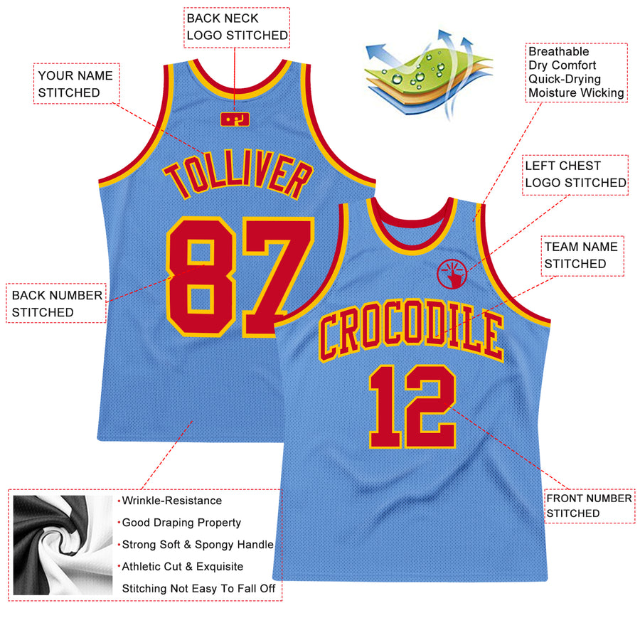 Custom Light Blue Red-Gold Authentic Throwback Basketball Jersey