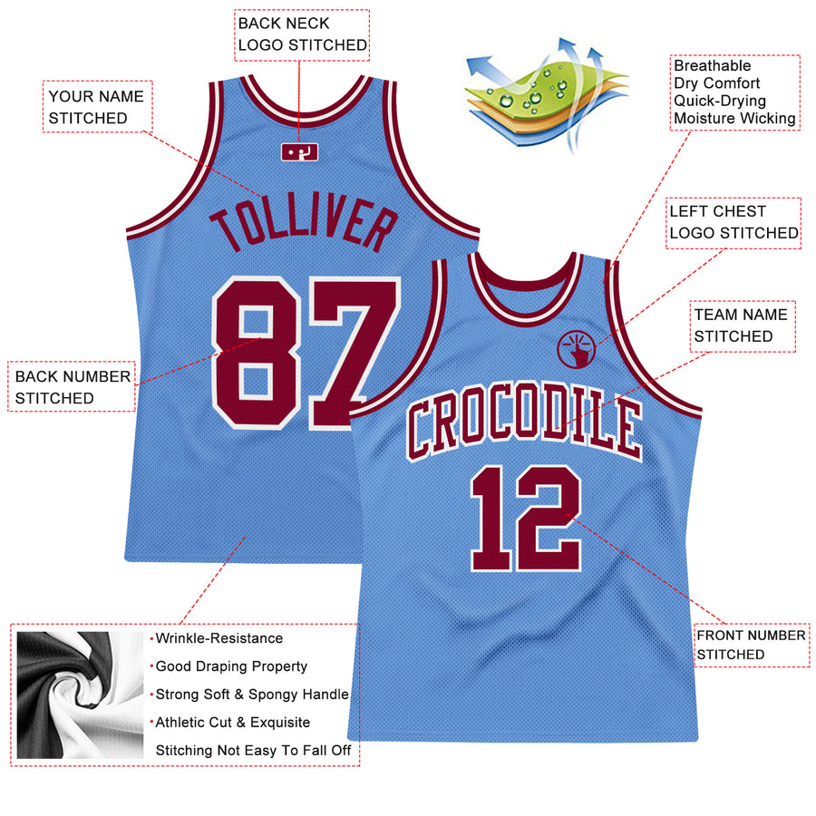 Custom Light Blue Maroon-White Authentic Throwback Basketball Jersey