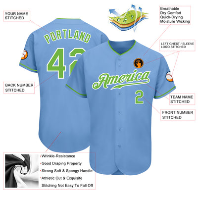 Custom Light Blue Neon Green-White Authentic Baseball Jersey