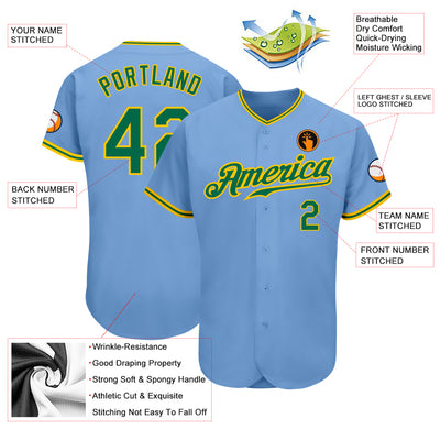 Custom Light Blue Kelly Green-Gold Authentic Baseball Jersey