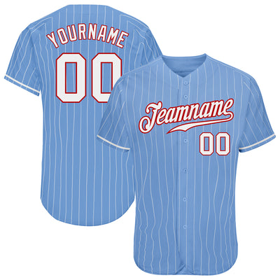 Custom Light Blue White Pinstripe White-Red Authentic Baseball Jersey