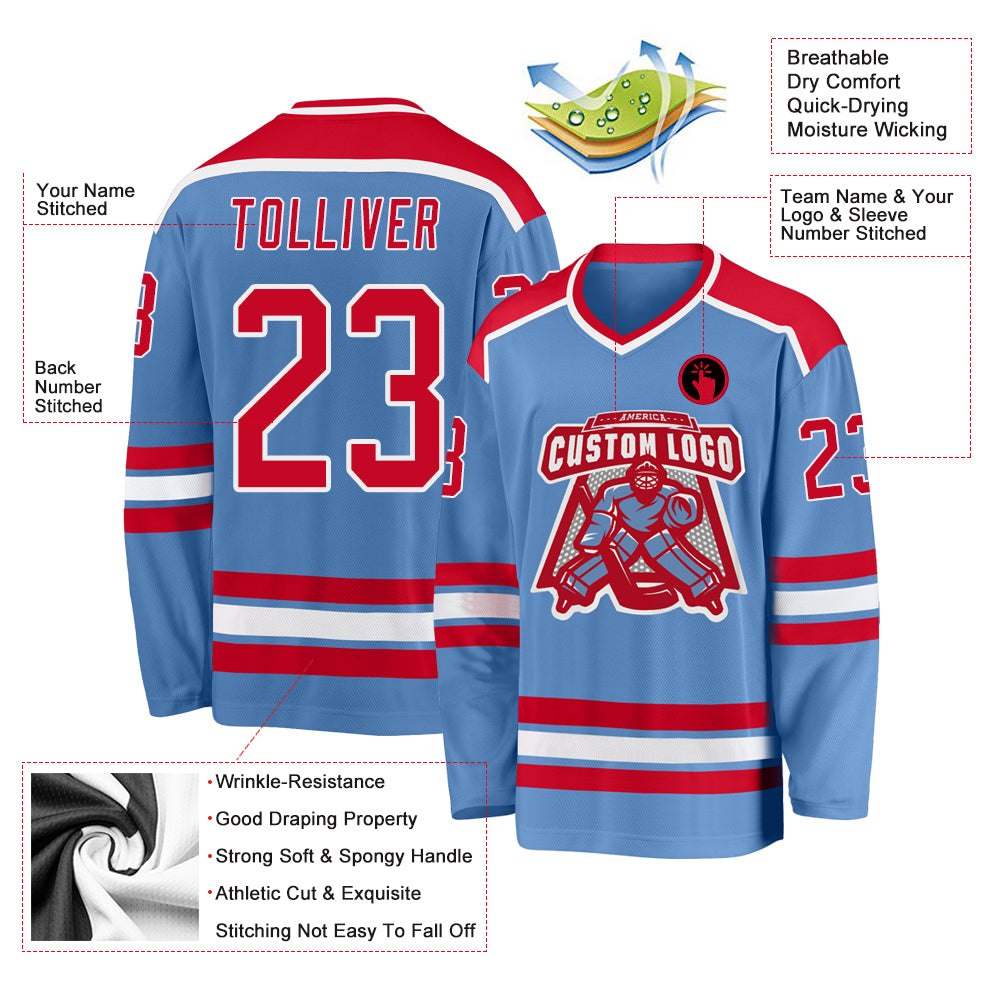 Custom Hockey Jersey Light Blue Red-White