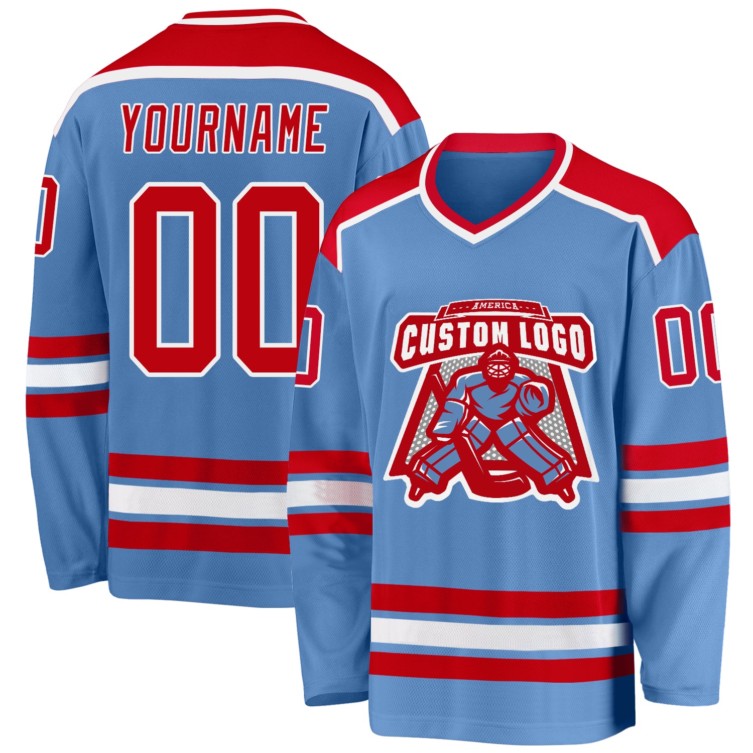 Custom Light Blue Hockey Jersey Red-White - FansIdea