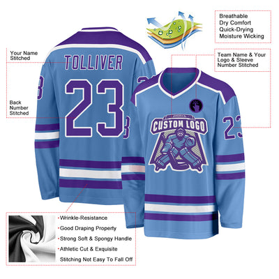 Custom Light Blue Purple-White Hockey Jersey