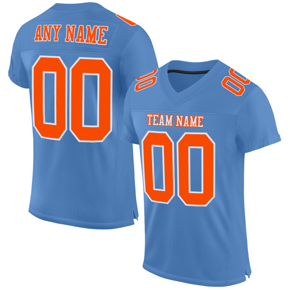 Custom Light Blue Football Jersey Orange-White Mesh Authentic - FansIdea