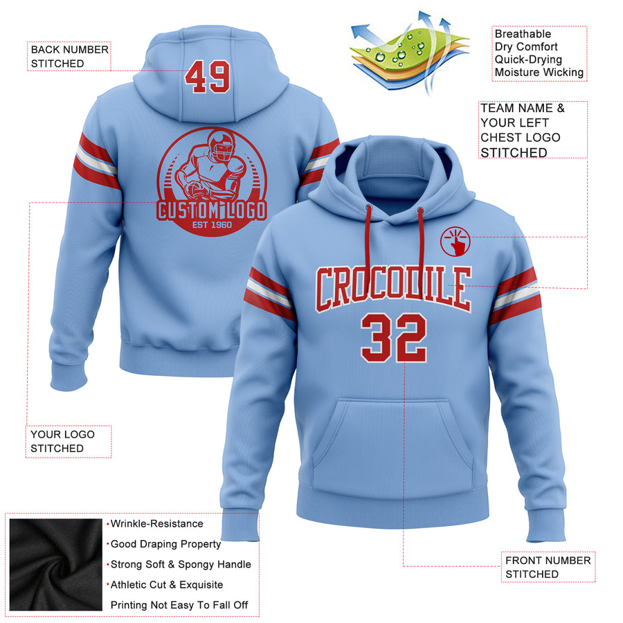 Custom Stitched Light Blue Red-White Football Pullover Sweatshirt Hoodie