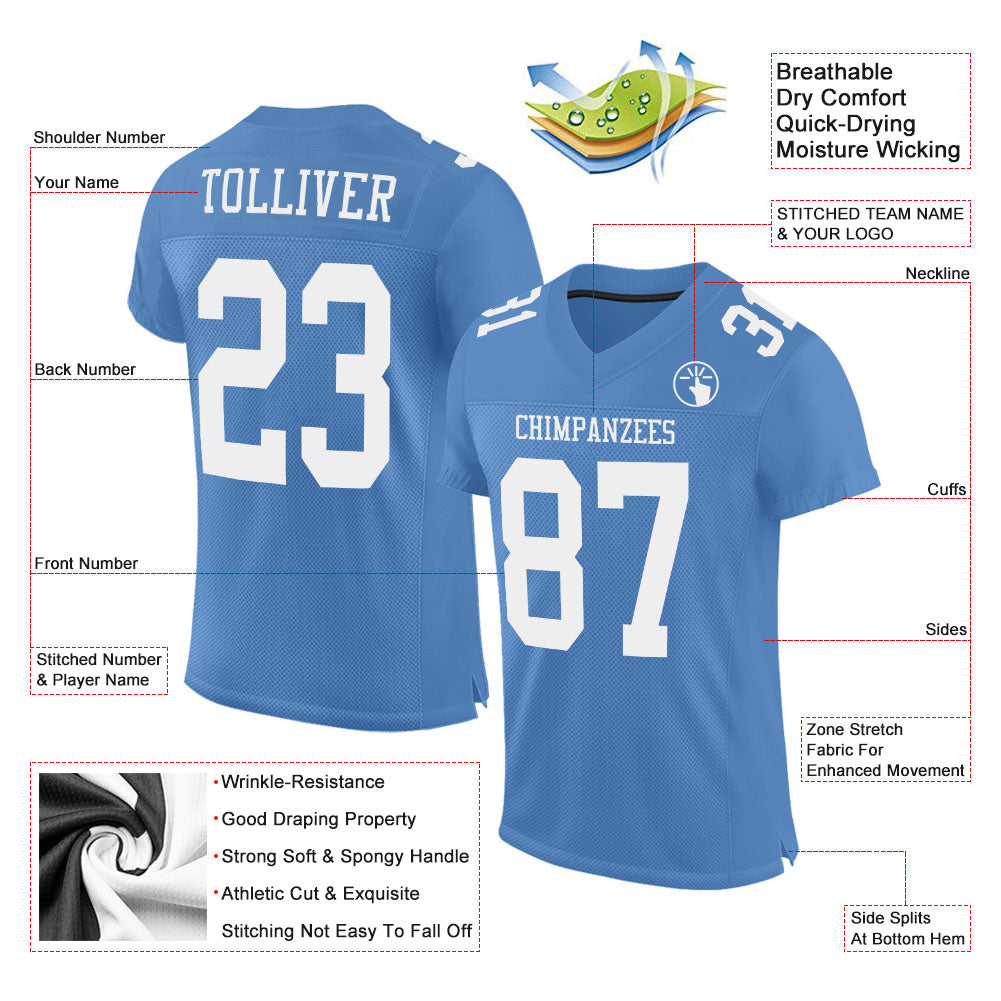 Custom Light Blue White Mesh Authentic Football Jersey