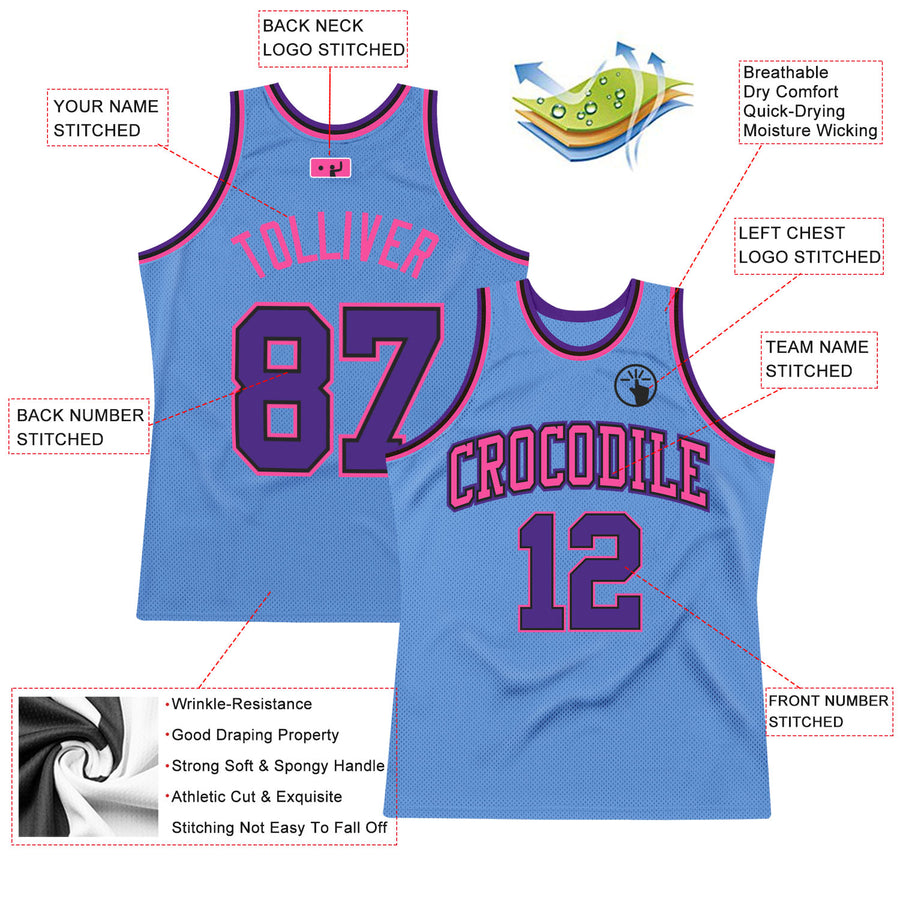 Custom Light Blue Purple Black-Pink Authentic Throwback Basketball Jersey