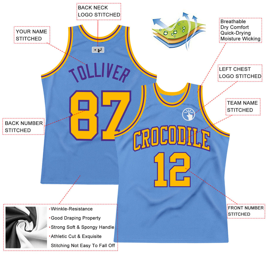 Custom Light Blue Gold-Purple Authentic Throwback Basketball Jersey