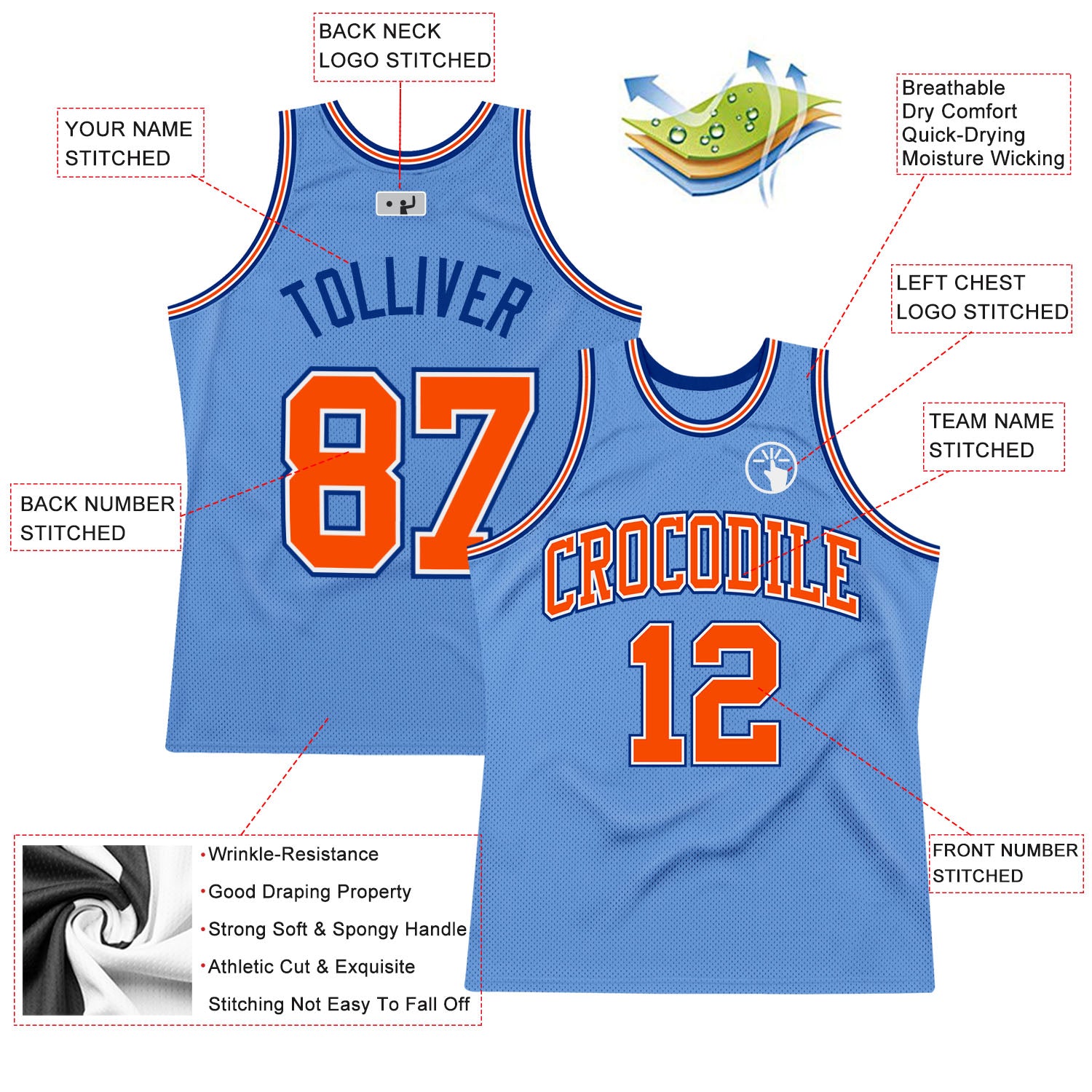 Custom Light Blue Orange-White Authentic Fade Fashion Basketball Jersey