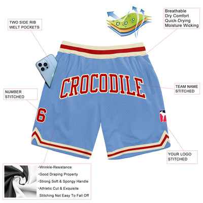 Custom Light Blue Red-Cream Authentic Throwback Basketball Shorts