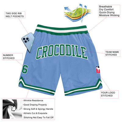 Custom Light Blue Kelly Green-White Authentic Throwback Basketball Shorts