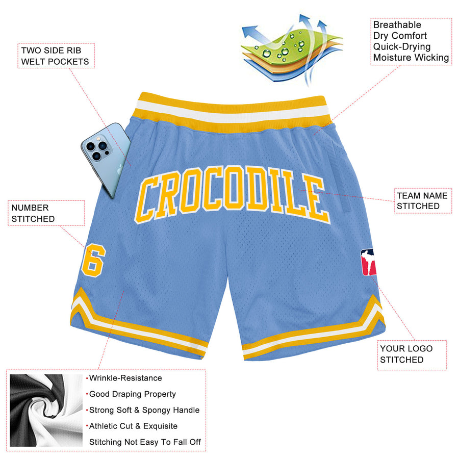 Custom Light Blue Gold-White Authentic Throwback Basketball Shorts