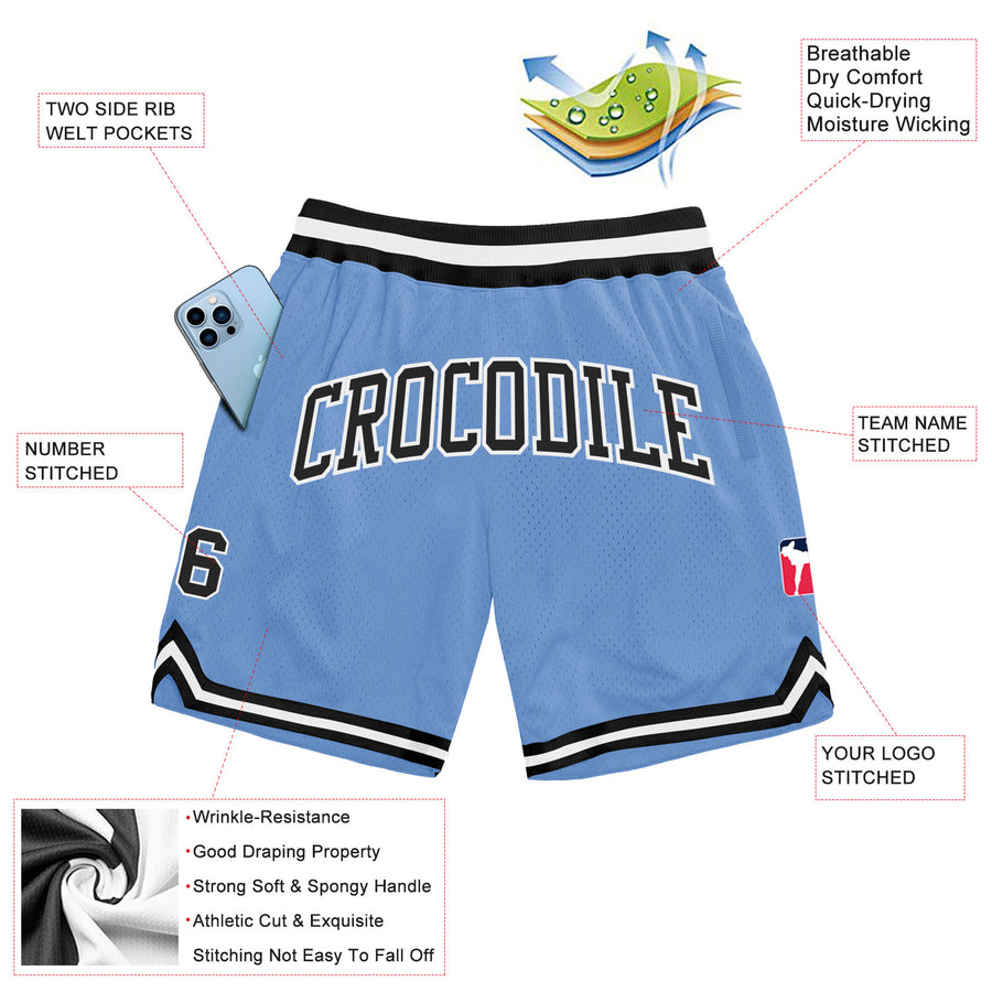 Custom Light Blue Black-White Authentic Throwback Basketball Shorts