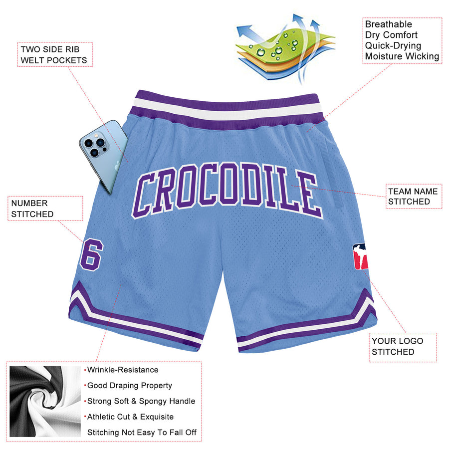 Custom Light Blue Purple-White Authentic Throwback Basketball Shorts