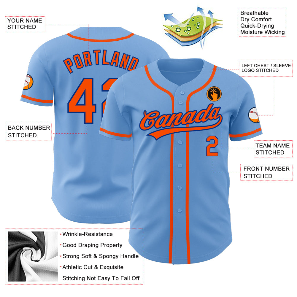 Custom Light Blue Orange-Royal Authentic Baseball Jersey