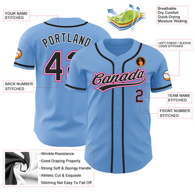 Custom Light Blue Black-Hot Pink Authentic Baseball Jersey