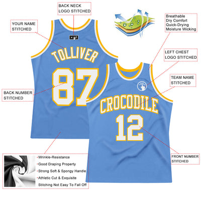 Custom Light Blue White-Gold Authentic Throwback Basketball Jersey