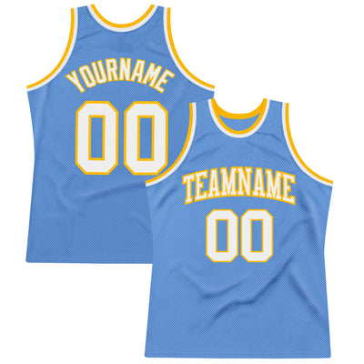 Custom Light Blue White-Gold Authentic Throwback Basketball Jersey