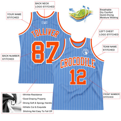 Custom Light Blue White Pinstripe Orange Authentic Basketball Jersey