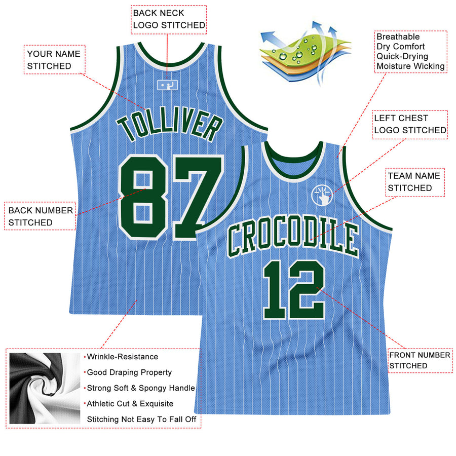 Custom Light Blue White Pinstripe Green Authentic Basketball Jersey