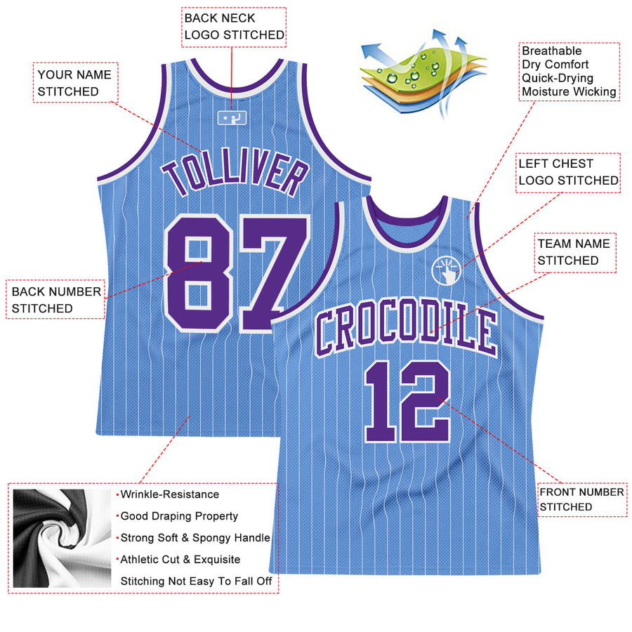 Custom Light Blue White Pinstripe Purple Authentic Basketball Jersey