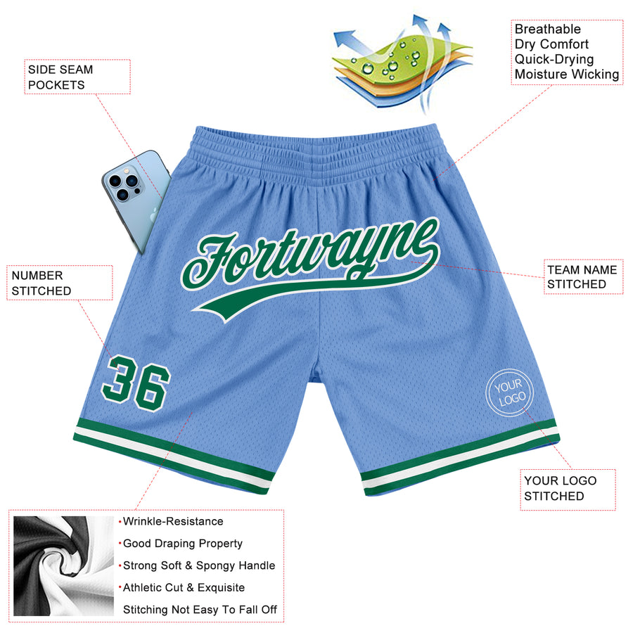 Custom Light Blue Kelly Green-White Authentic Throwback Basketball Shorts