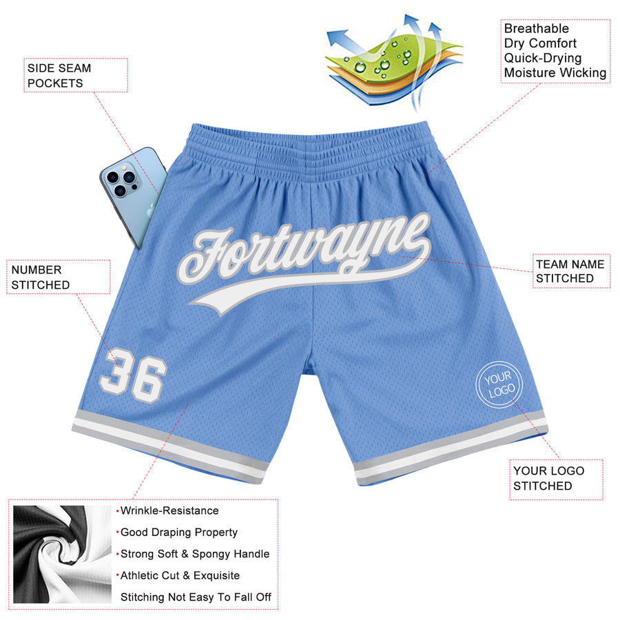 Custom Light Blue White-Gray Authentic Throwback Basketball Shorts